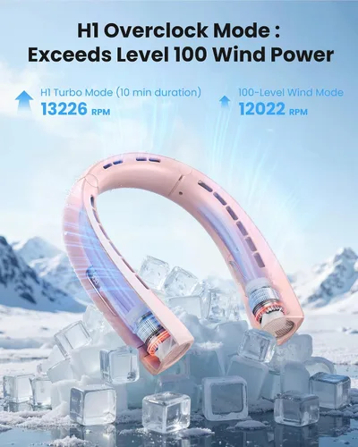Vista 2 de Gaiatop Ventilador de cuello portátil, flujo de aire turbo de refrigeración envolvente de 360°, 0 a 100 velocidades, hasta 12.5 horas de duración