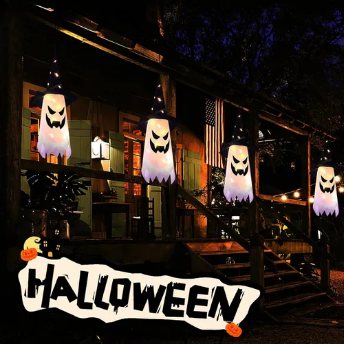 Vista 5 de Decoraciones de Halloween, sombrero de bruja fantasma brillante, cadena de luces de Halloween, decoración colgante para interiores y exteriores