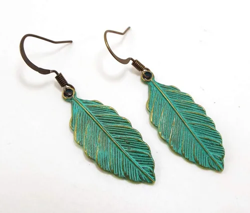 Vista 3 de Metal Feather or Leaf Dangle Earrings with Teal Verdigris Patina over Brass with Antiqued Brass Ear Wires