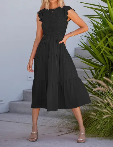 Vista 6 de MEROKEETY - Vestido midi fruncido de manga corta para mujer, vestido de verano casual, acampanado, con cintura elástica y escalonado