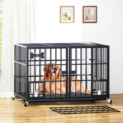 Vista 6 de aboxoo Jaula de metal resistente para perros de 42/48 pulgadas para 2 perros/perros grandes, toda de metal con parte superior abierta apilable, Negro