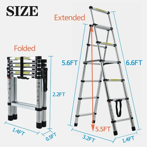 Vista 3 de Escalera de aluminio - 1.63M/5.5FT de estructura en A, escalera extensible telescópica, portátil, multiusos, plegable, resistente, capacidad
