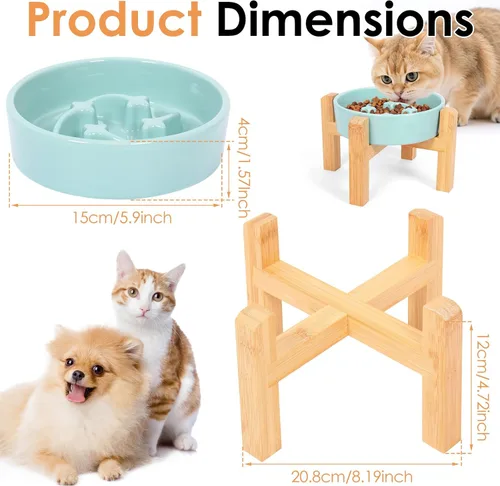 Vista 3 de Cuenco de cerámica para perros de raza pequeña, cuenco de alimentación lenta para perros con soporte de bambú, diseño de laberinto de rompecabezas
