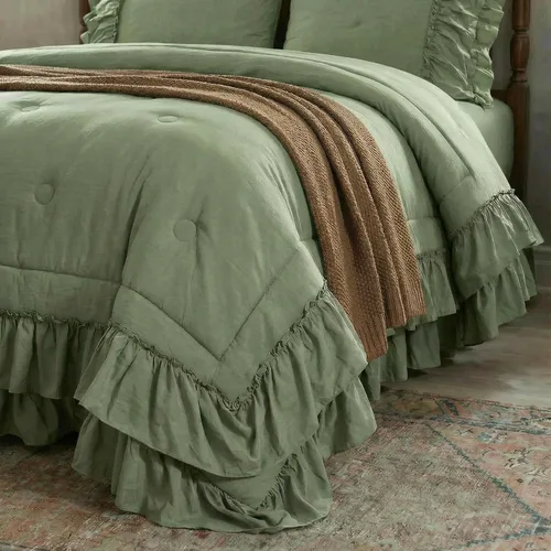 Vista 5 de Juego de Edredón Verde Aguacate de Tamaño Queen, Estilo Boho, Estilo Shabby Chic, 2 Capas, con Volantes, para Dormitorio, Decoración del Hogar