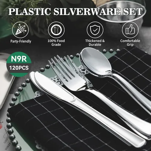 Vista 3 de N9R 120 Piezas Cubiertos de Plástico Plateado, Juego de Cubiertos de Plástico Plateado Cubiertos Desechables Vajilla - 60 Tenedores, 30 Cucharas, 30