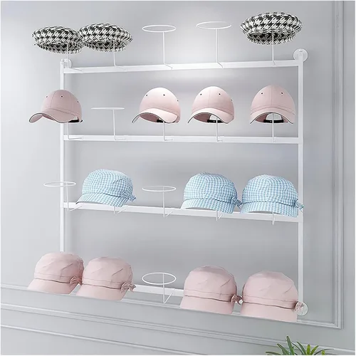 Vista 9 de LZMZMQ Estante de metal para sombreros de pared, torre de exhibición de 4 niveles para peluca/gorra, con ganchos móviles para sombreros, 39.3 Blanco