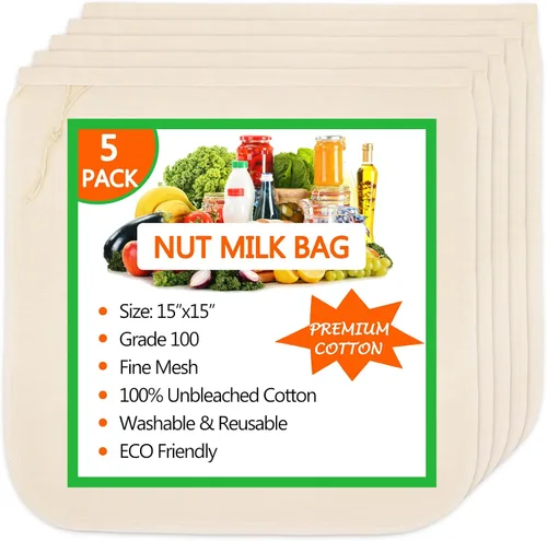 Vista 8 de Paquete de 3 bolsas de leche de nuez de 15 x 15 pulgadas, bolsas de estopilla para colar, reutilizables, 100% tela de algodón sin blanquear, colador