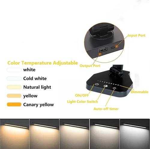 Vista 2 de Lámpara LED de escritorio, lámpara de mesa regulable, lámpara de lectura con puerto de carga USB, 5 modos de iluminación, control sensible, Negro