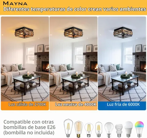 Vista 4 de MAYNA Lámpara de techo de granja, lámpara de techo rústica de 2 luces con montaje empotrado de metal y madera, accesorios de iluminación de pasillo