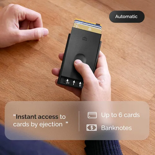 Vista 8 de ÖGON -DESIGNS- Tarjetero automático de aluminio, protección RFID contra fraude y desmagnetización, cartera delgada y minimalista para hombres