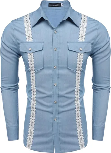 Vista 4 de KELLORENA Camisas de guayabera cubana de manga larga con botones, estilo mexicano, camisas de algodón para campamento
