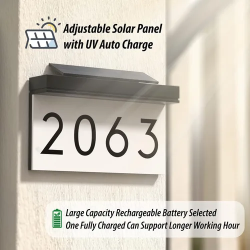 Vista 3 de Números de casa, placas de dirección, 3 colores de iluminación y panel solar ajustable, número de casa personalizado para exteriores, letrero