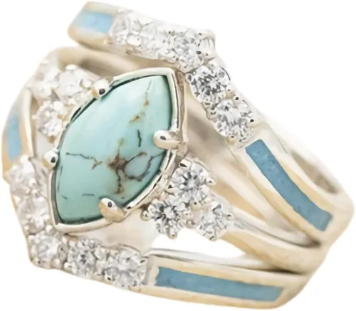 Vista 3 de Pingyongchang Juego de 3 anillos de diamantes turquesa natural, anillos de color plateado para mujer, joyería brillante con piedras preciosas