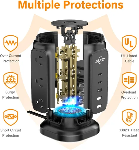 Vista 4 de AiJoy Power Strip Tower con 9 salidas de CA y estación de carga de 5 puertos USB 1200J Surge Protector, 6.5 Feet Extension Cord with Multiple