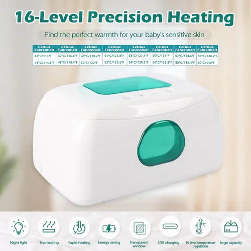 Vista 3 de Calentador de toallitas para bebés con calefacción de precisión de 16 niveles, calentador de toallitas húmedas portátil alimentado por USB