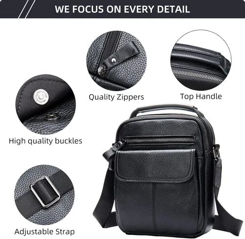 Vista 5 de NIUCUNZH Monederos y bolsos de hombre pequeños, mini mensajero de cuero genuino y bolso de hombro para hombres con muchos bolsillos con cremallera