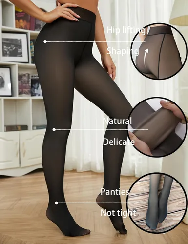 Vista 5 de Bontierie Women Fake Transparent Tight Fleece Lined Thick High Waist Elasticity Thermal Pantyhose Warm leggings For Winter
