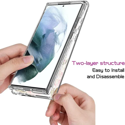 Vista 4 de Funda para Galaxy S22 Ultra, SM-S908U con protector de pantalla de vidrio templado, cuerpo completo transparente con protección de diseño floral