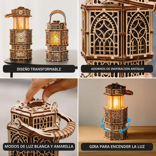 Vista 5 de Wood Trick Linterna Antigua Luminosa LED Rompecabezas de Madera 3D para Adultos para Construir - Iluminación de 2 Modos - Proyecto de Ingeniería DIY