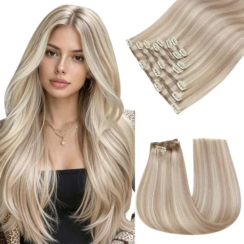 Vista 12 de Easyouth Extensiones de cabello rubio con clip, extensiones de cabello humano con clip, color rubio blanco, 7 unidades de 3.33 oz, extensiones