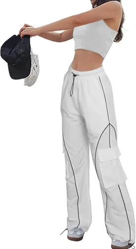 Vista 4 de KMBANGI Pantalones de paracaídas para mujer, holgados Y2k, pantalones deportivos con cintura elástica, rayas laterales, pantalones deportivos