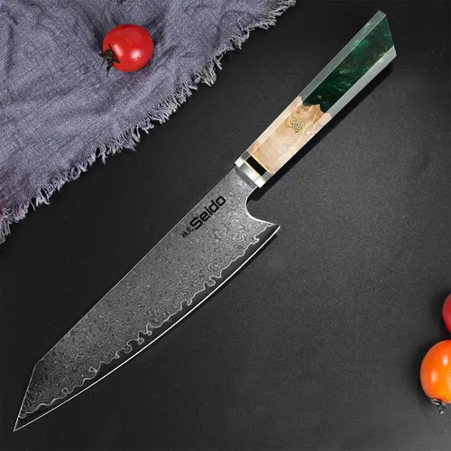 Vista 3 de Seido Knives Kiritsuke - Cuchillo de chef de acero Damasco, mango de madera estabilizado con resina epoxi, cuchillo de cocina profesional VG10