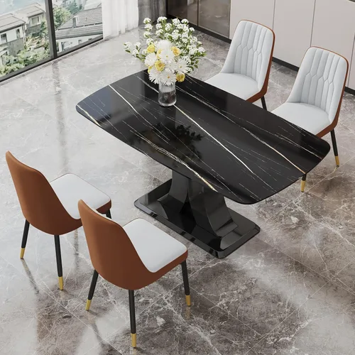 Vista 27 de Moderno juego de mesa de comedor para 4, mesa de vidrio de 63 pulgadas y base de MDF, mesa de comedor de mármol sintético negro con 4 sillas Mesa
