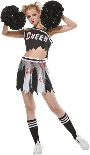 Vista 4 de EraSpooky Disfraz de animadora zombi para mujer vestido sangriento de Halloween