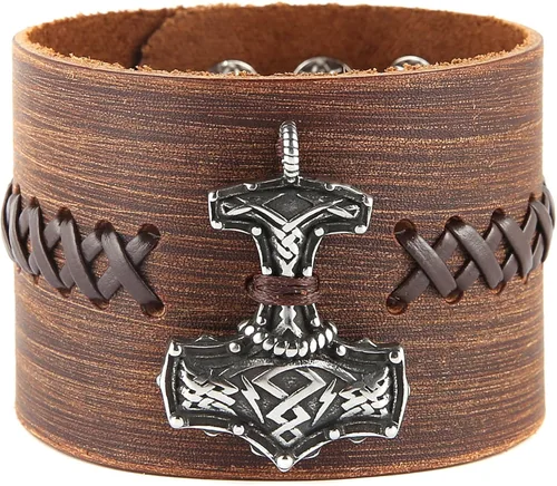 Vista 2 de HZMAN Mjölnir - Pulsera de piel auténtica para hombre, diseño gótico, ajustable, estilo gótico