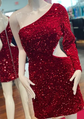 Vista 5 de Fanciest Vestido corto de fiesta de cóctel con lentejuelas de terciopelo con un hombro y manga larga para fiesta de cóctel