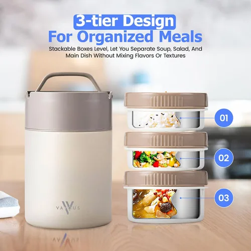 Vista 2 de Tarro de alimentos aislado de 60 onzas con tapa para sostener el teléfono – Lonchera de acero inoxidable con 3 compartimentos – Bento térmico a