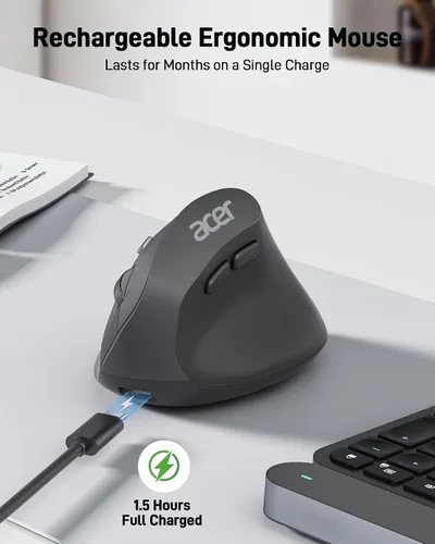 Vista 4 de Acer Ratón Ergonómico Inalámbrico, Ratón Vertical con DPI Ajustable 1000/1200/1600 con 6 Botones, Ratón Ergo Recargable con Receptor USB de 2.4GHz