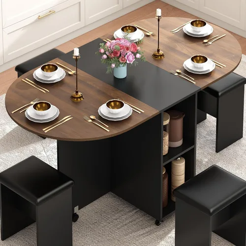 Vista 12 de Juego de mesa de comedor de granja de 5 piezas para 4, mesa plegable grande de 117 cm con 4 sillas de cuero, mesa de cocina plegable con ala
