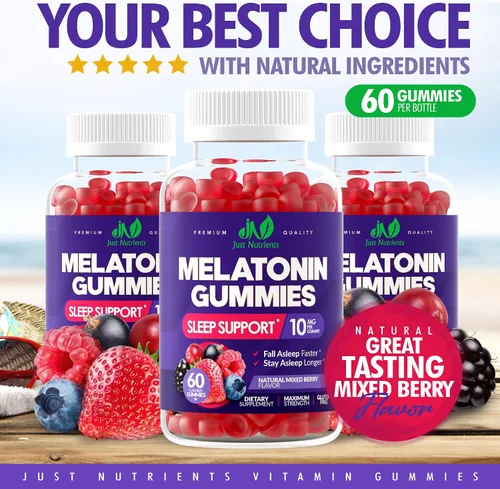 Vista 4 de Gomitas de melatonina de 10 mg con 10 mg de melatonina por gomita (60 porciones) – Soporte para dormir de máxima fuerza para adultos – Sin gluten
