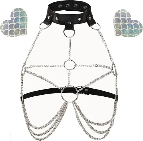 Vista 2 de Arnés de pecho con holograma rave, brasier, gargantilla, cinturones, disfraz de cuerpo con empanadas para festivales de música, juego de rol, ropa