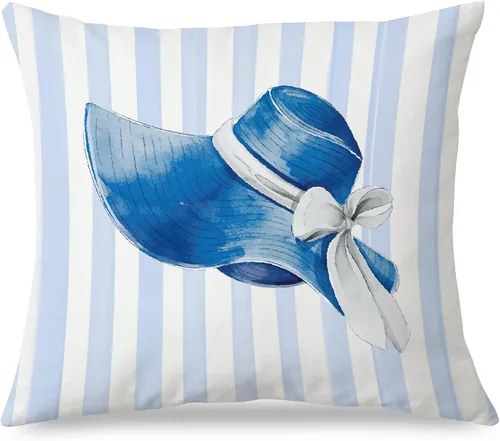 Vista 21 de Fundas de almohada costeras de langosta, fundas de almohada náuticas de langosta roja de Nueva Inglaterra con rayas azules y blancas para casa