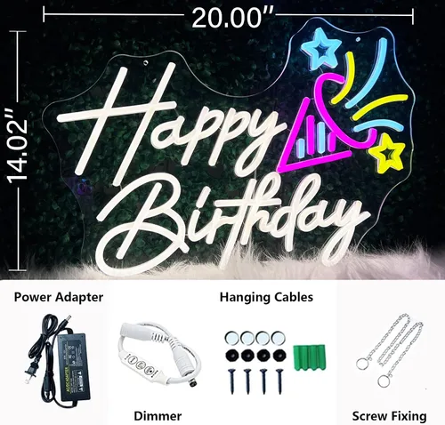 Vista 5 de Letrero de neón de feliz cumpleaños, letrero de fiesta con luz LED de 20 pulgadas para decoración de pared con enchufe USB, letrero iluminado