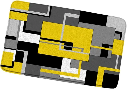 Vista 8 de Alfombra de baño geométrica azul negro, blanco y gris, abstracta minimalista de líneas geométricas de mediados de siglo, alfombra de baño, alfombra