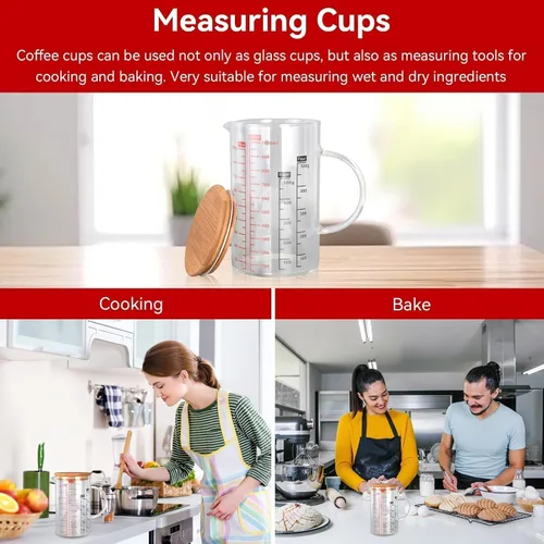 Vista 5 de Taza medidora de vidrio transparente, taza medidora de vidrio con tapa Taza medidora con escalas de medición y boquilla para cocina o restaurante