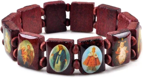 Vista 6 de yantu Pulsera elástica de panel pequeño de madera extraíble con imágenes de santos religiosos, Jesús y rosario, Madera