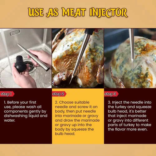 Vista 4 de Jeringa para Pavo, Jeringa de Acero Inoxidable para Cocinar con Inyectores de Marinada, Jeringa, Brocha para Untar, Cepillo de Limpieza Grueso