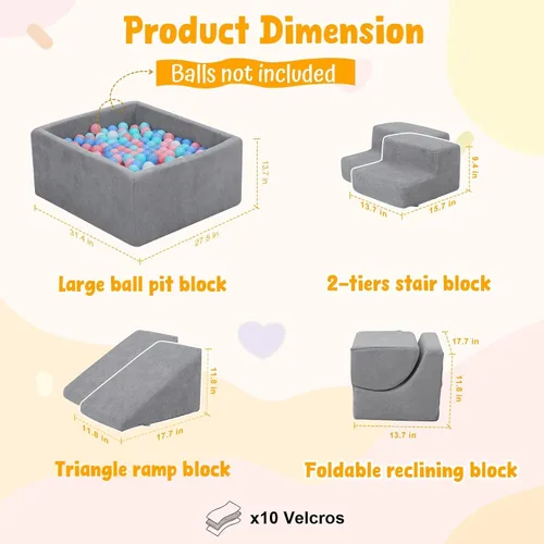 Vista 2 de Bloques de escalada de espuma de 6 piezas con pozo de bolas cuadrado grande, gris Modular Climb & Crawl Play Set for Toddlers,Soft Play Equipment