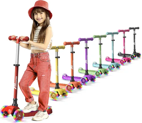 Vista 13 de Lifemaster Mini 3-Wheel Kids Scooter with Multi-Color Wheel Lights – 4-Height Adjustable Handlebar, Wide Anti-Slip Deck, Child Safety Certified