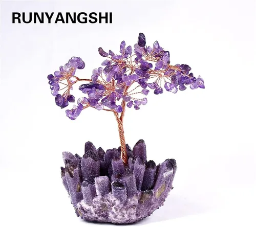 Vista 2 de Árbol de piedra preciosa de árbol de la suerte, árbol de cristal Amatista, árbol de gema de cuarzo, base de cristal, bonsái, decoración de oficina