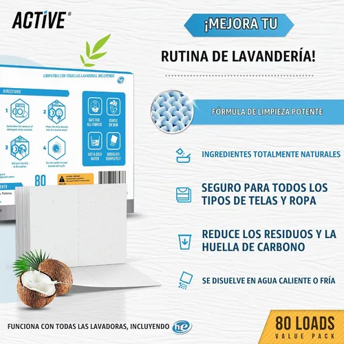 Vista 2 de Hojas de Detergente para la Ropa Ecológicas - 80 Cargas, Hoja de Lavadora Sin Líquido con Aroma Fresco, Tira de Lavandería para Viajes sin Residuos
