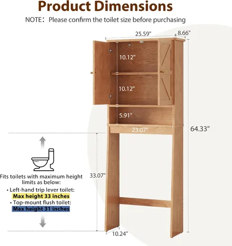Vista 2 de Over The Toilet Storage Cabinet,Wood Organizer with Barn Door Natural