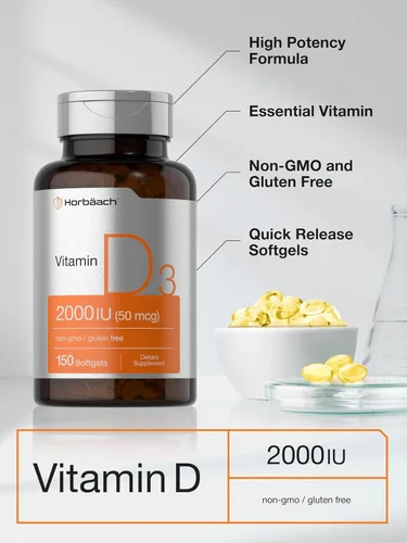 Vista 4 de Horbaach Vitamina D3 2000IU cápsulas blandas 150 unidades 50 mcg colecalciferol Suplemento sin OMG y sin gluten