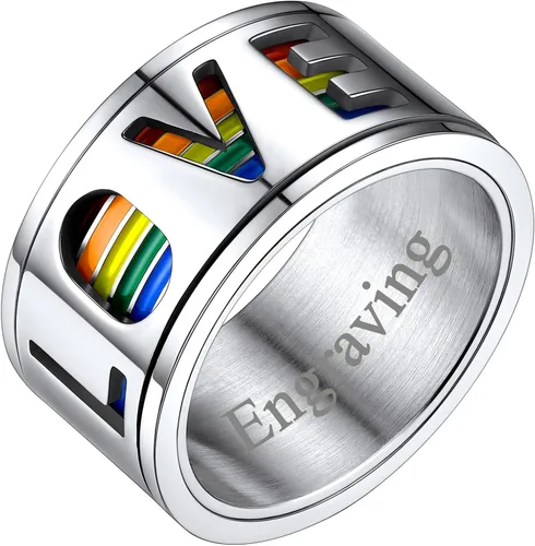 Vista 22 de FaithHeart Anillos para ansiedad LGBT Pride Rainbow, acero inoxidable/chapado en oro de 18 quilates, joyería de amor es amor para hombres y mujeres