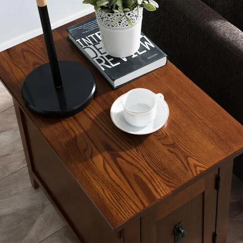 Vista 20 de Leick Home Laurent 10537 - Mesa auxiliar con lámpara, madera maciza, con cajón y estante, cereza chocolate