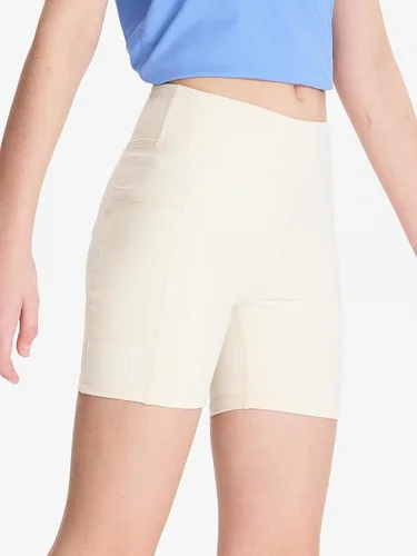 Vista 2 de DEVOROPA Pantalones cortos de 5" de elastano para niñas, pantalones cortos de voleibol, pantalones cortos elásticos para atletismo y gimnasia Beige